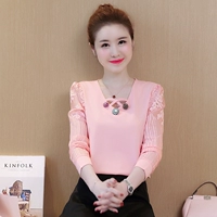 Mùa thu mới kích thước lớn của phụ nữ ren đáy áo sơ mi dài tay Áo sơ mi Hàn Quốc phiên bản áo sơ mi voan ngắn thời trang áo kiểu công sở