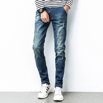 Small feet jeans mens spring and autumn trend youth thin straight slim slim mens pants Korean version of hole Joker long pants