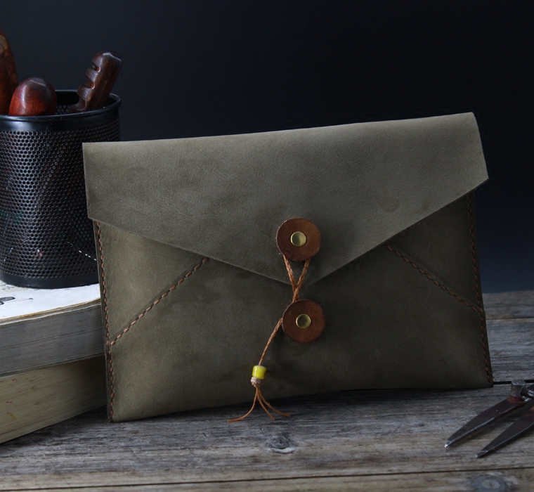 Handmade Custom Genuine Leather Head Layer Cow Leather Mad Mapleather Frosted Cow Leather Envelope Handout Bag Ipad flat bag