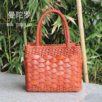 Genuine leather handmade woven bag retro single shoulder bag tree paste leather handbag Tanned Cow Leather Girl Bag Inclined Satchel small square bag