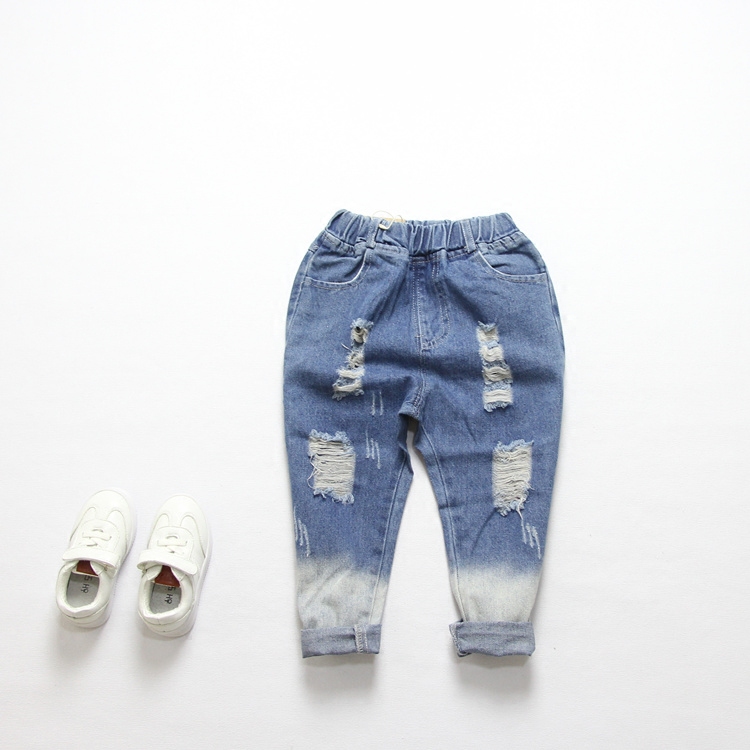 2021 Spring and Autumn Japanese Children's Gradient Loose Jeans Boys Girls Middle Boys Ripped Denim Trousers Lob Pants