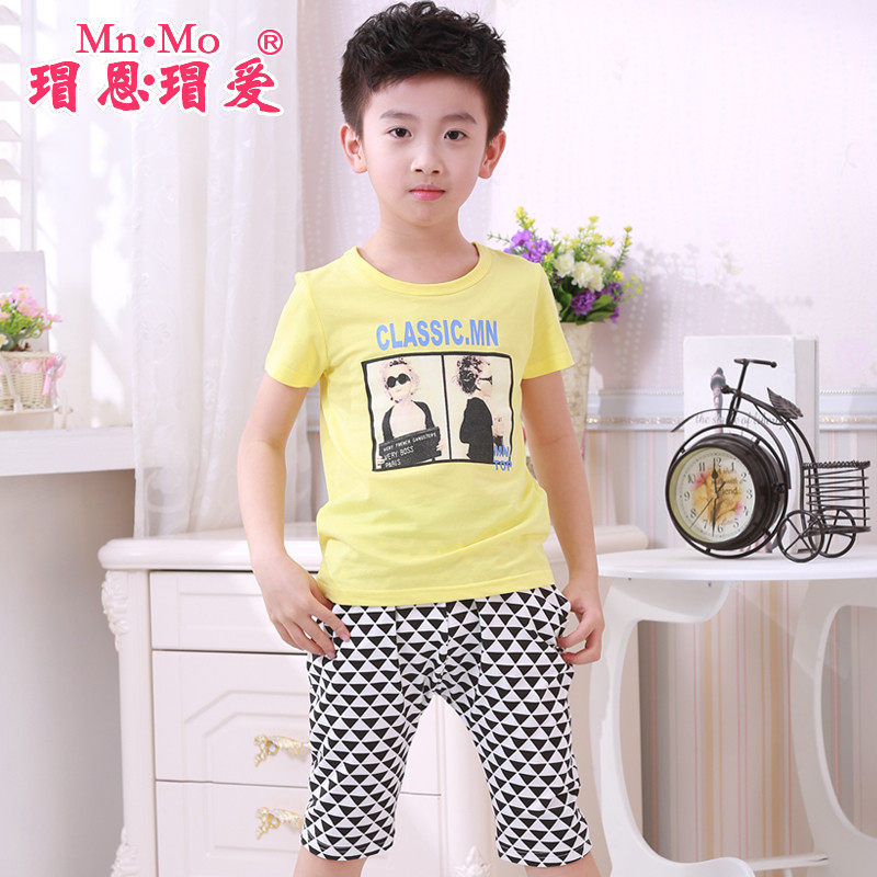 瑁恩瑁爱 2016夏季童装男童莱卡棉圆领t恤宝宝七分裤家居儿童套装