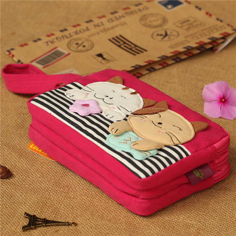 Japanese and Korean canvas women's key-changer mobile phone bag three layer zipper handbag large capacity