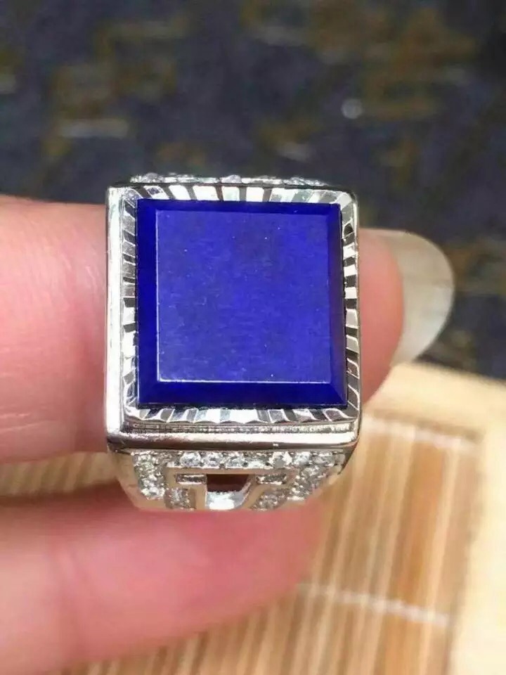 Top 6A Lapis lazuli no white no gold 1 2cm square ring surface 925 silver hollow carved inlaid rhinestone live ring