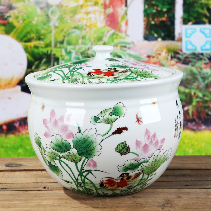 Jingdezhen Ceramic rice cylinder with lid 10 catty 20 kilograms of rice barrel Pickled Vegetable Storage Vat Wine Vat Tea Leaf Jars