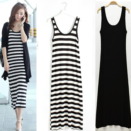 Korean Style Summer Long Slip Dress Little Black Dress Camisole Dress Modal Tank Dress Black and White Striped Sleeveless Dress