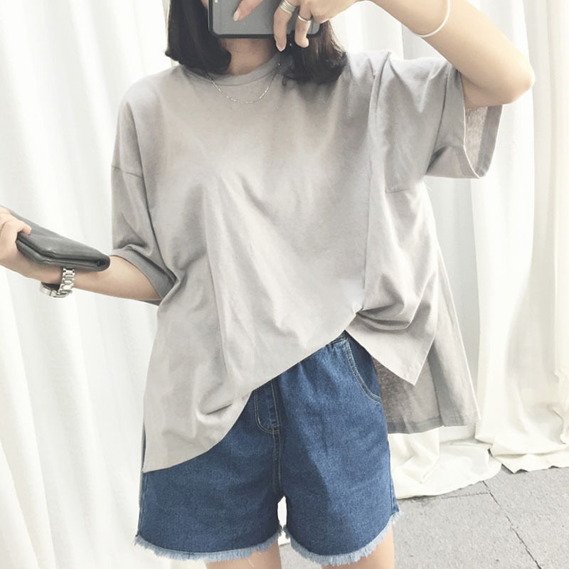 夏季新款极简纯色简约高开叉不规则侧开叉五分袖女式T恤短袖女潮