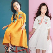 Quần áo mùa hè 2018 cho bé gái Hàn Quốc đầm cotton ngắn tay thêu dân tộc trong váy bé trai cotton lớn