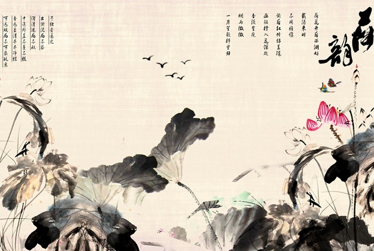 Chinese style background paper ink lotus illustration Vintage jewelry shot illustration decorative painting Jade jade beeswax shooting props