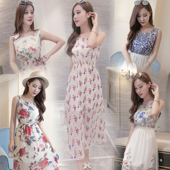 ຂໍ້ສະເໜີພິເສດປະຈຳວັນ summer dress printed chiffon slim high waist dress sleeveless women's bohemian slim long skirt