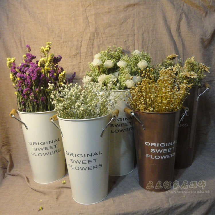 (Wooden handle binaural flower bucket) binaural home decoration flower bucket binaural wooden handle printing creative iron flower bucket