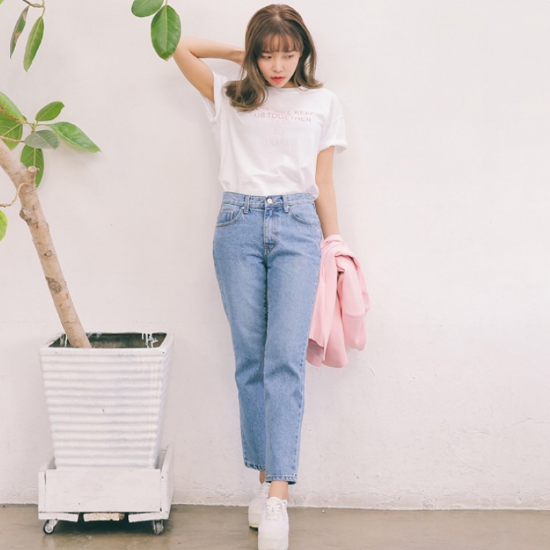 韩国stylenanda官方正品 时尚水洗露踝牛仔裤-蓝色