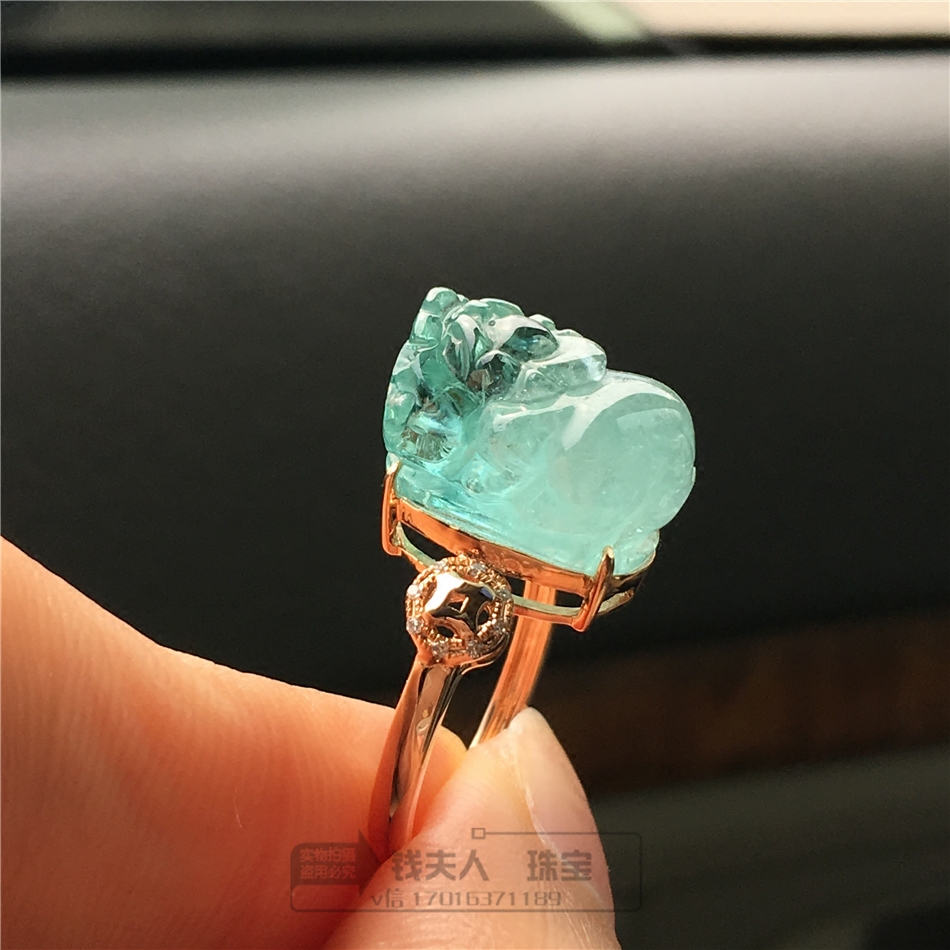 【现货】【招财旺夫宝石碧玺】天然帕拉伊巴色貔貅戒指18k金镶钻