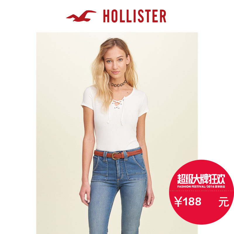 Hollister 2016春装新款蕾丝紧身棱纹 T 恤 女 121906