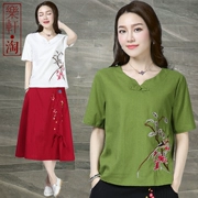 Chất liệu cotton và vải lanh cỡ lớn cho nữ 2019 mùa hè mới phong cách quốc gia thêu áo sơ mi ngắn tay nữ mùa hè áo thun nữ - Áo phông