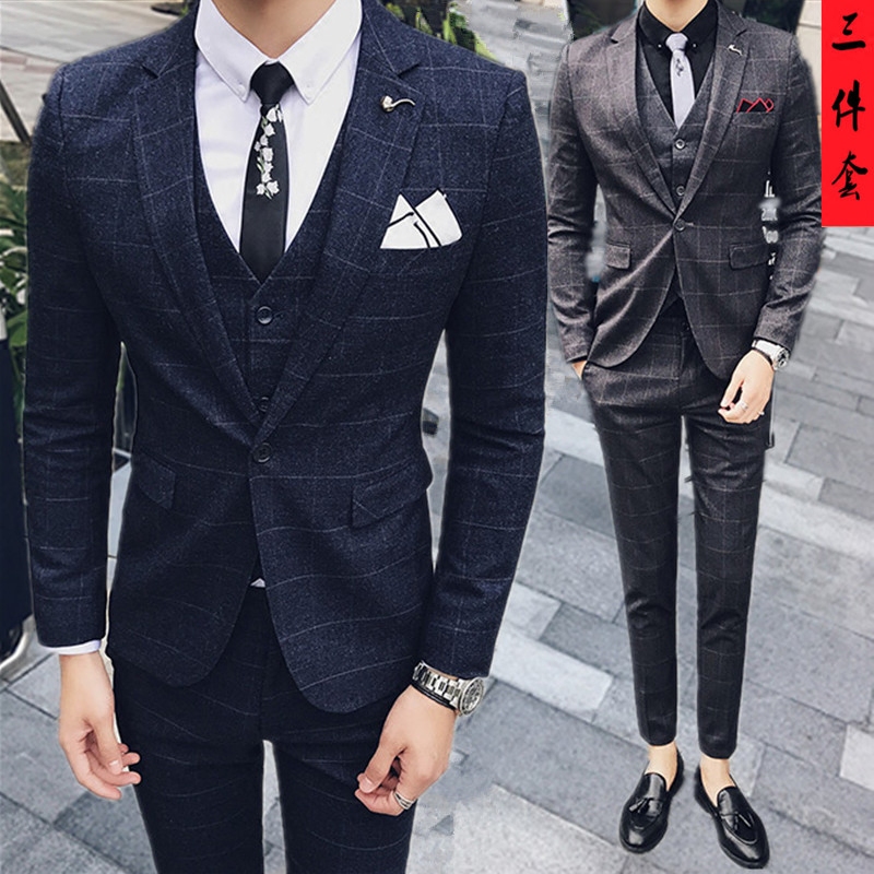 气质男人西服套装韩版修身格子英伦小西装男三件套双排扣男礼服潮