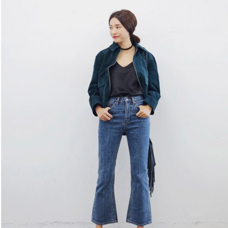 韩国stylenanda官方正品 个性款绒面革翻领短夹克-青绿色