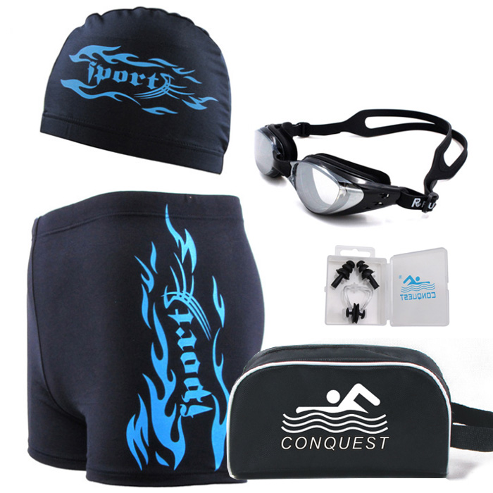 Men's fashion short swimming trunks men's flat corner swimming trunks swimming cap swimming goggles containing bag nose clip earplugs five sets