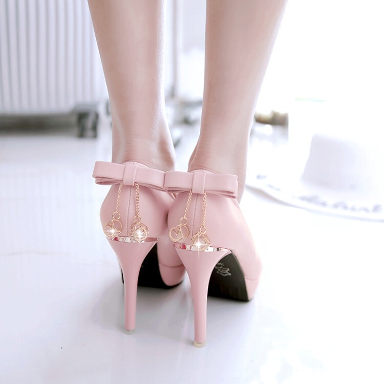 Korean Style Sweet Pink Rhinestone Bow Pointed Toe Stiletto High Heels for Women, Round Toe 10cm Waterproof Platform Princess Shoes