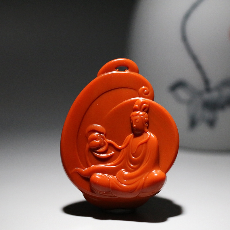 (Collector’s Grade) South Red Agate Washi Material Solid Color Carving (Guanyin) Works of Su Gong Master Shen Hangjun