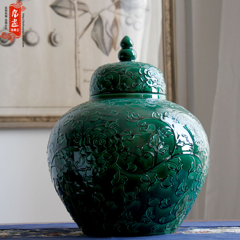 Porch receive furnishing articles of jingdezhen ceramics relief blue vase pot - bellied pot flower arranging Chinese style household ornaments