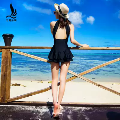 Sanqi swimsuit female summer dress style one-piece black girl sexy backless thin belly cover Korean version gathering hot spring swimsuit