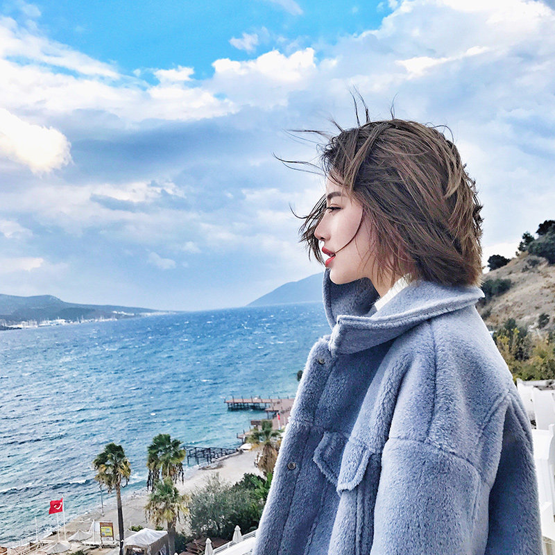 羊羔毛绒外套女拼接冬季短款棉服鹿皮绒可爱棉袄chic棉衣ulzzang