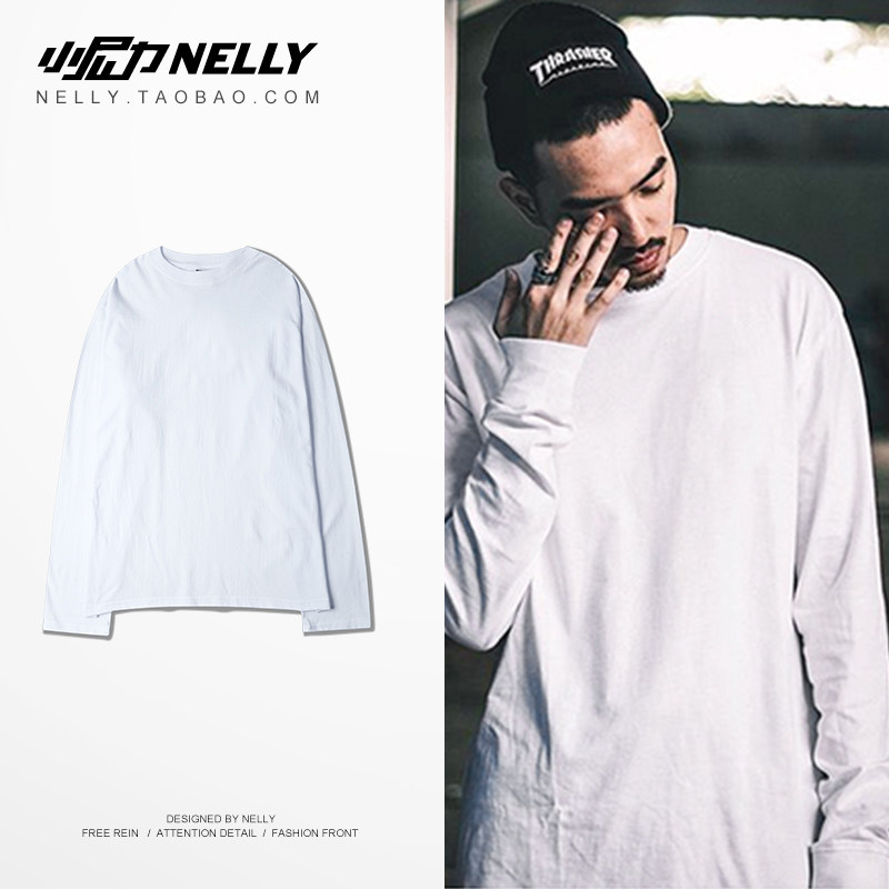 Retro street net red ulzzang white pure white super long sleeve high street retro base long version T-shirt men and women