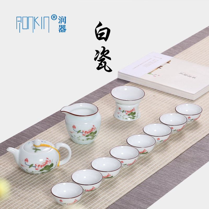 Ronkin white porcelain hand - made kung fu tea sets of household ceramic teapot teacup GaiWanCha way