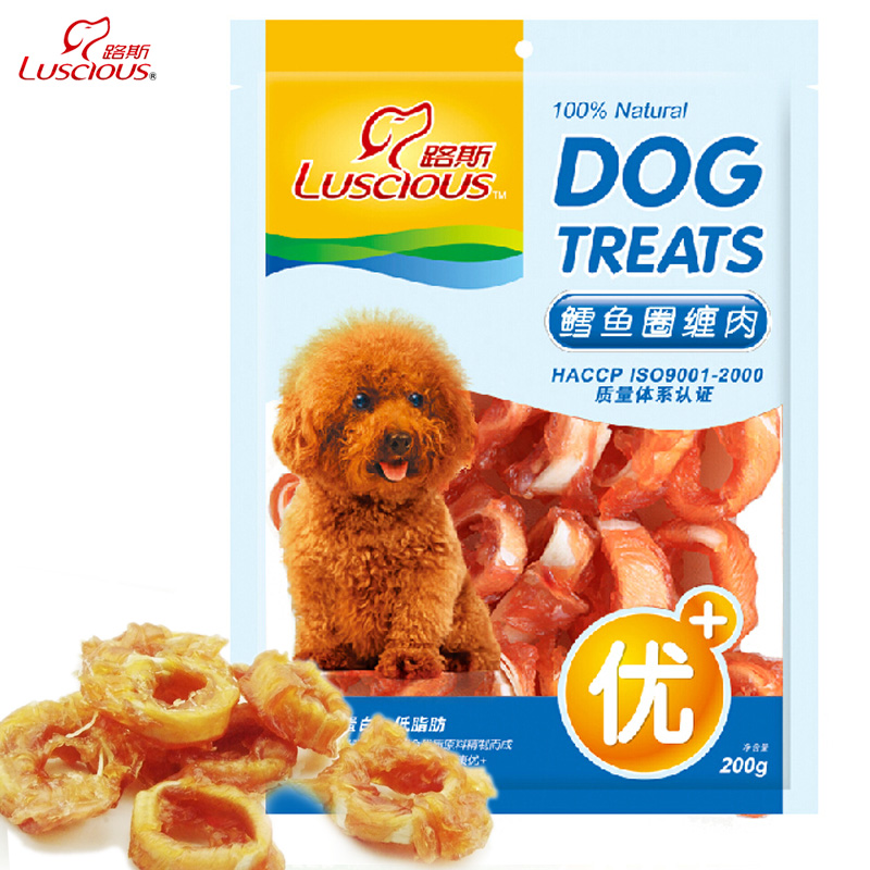路斯宠物狗狗零食泰迪贵宾犬磨牙食品鸡肉鳕鱼圈缠肉200g肉干包邮