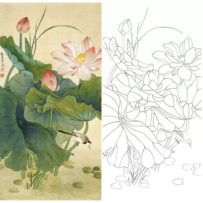 工笔画白描底稿花鸟国画印刷品俞致贞荷花作品