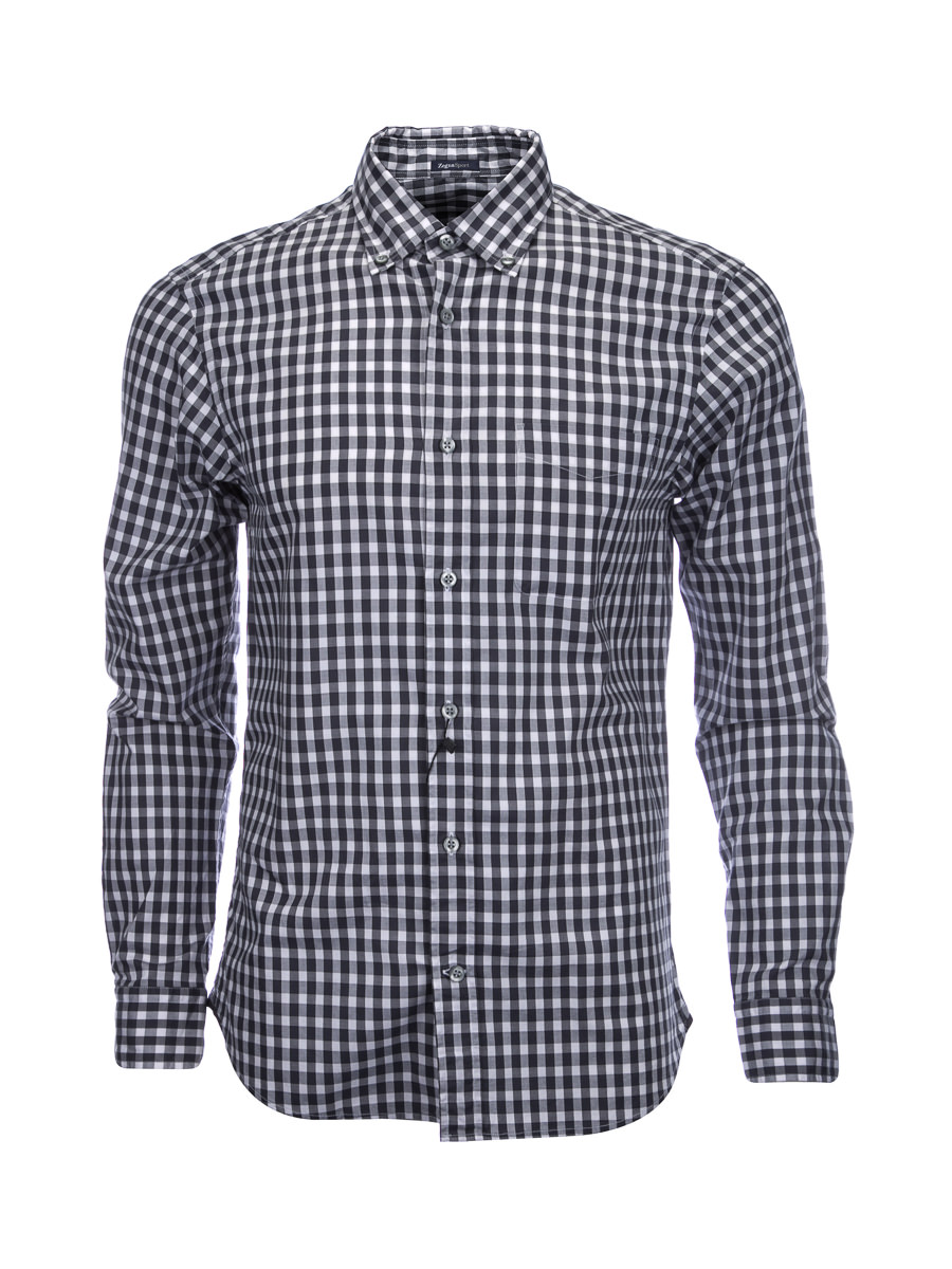 ZEGNA SPORT 灰白拼色格子印花长袖衬衫
