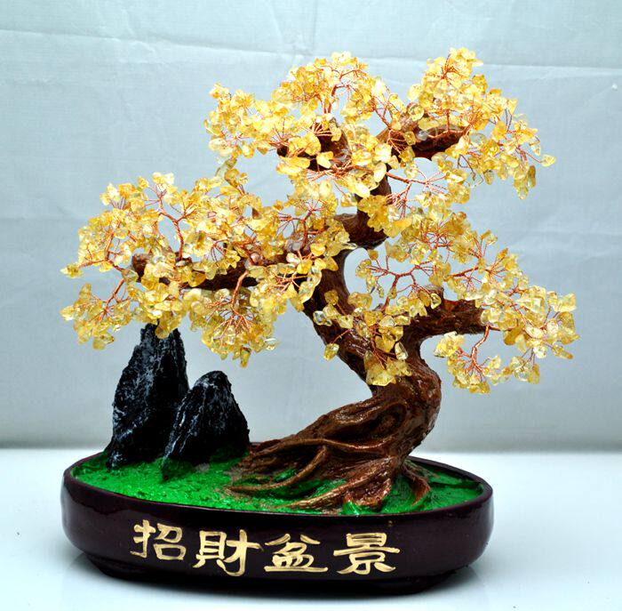 修明堂 天然黄水晶紫水晶发财招财树 摇钱树 风水树 水晶树摆件