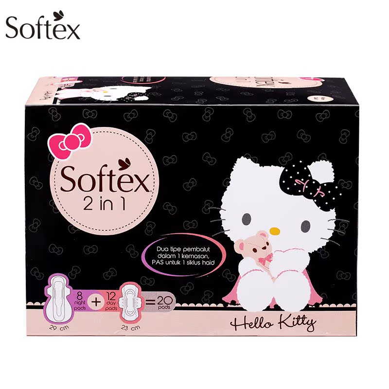 Softex Hello Kitty超吸无荧光剂卫生巾夜用x8片+日用x12片单盒装