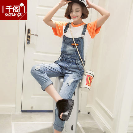 千阁牛仔背带裤女春秋2018新款宽松韩版森女