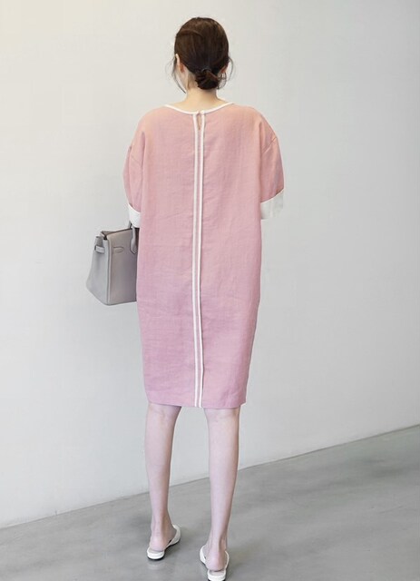 L22 Xiaomijia Korean simple loose linen water pink color matching mid-length short-sleeved summer women's dress for commuting