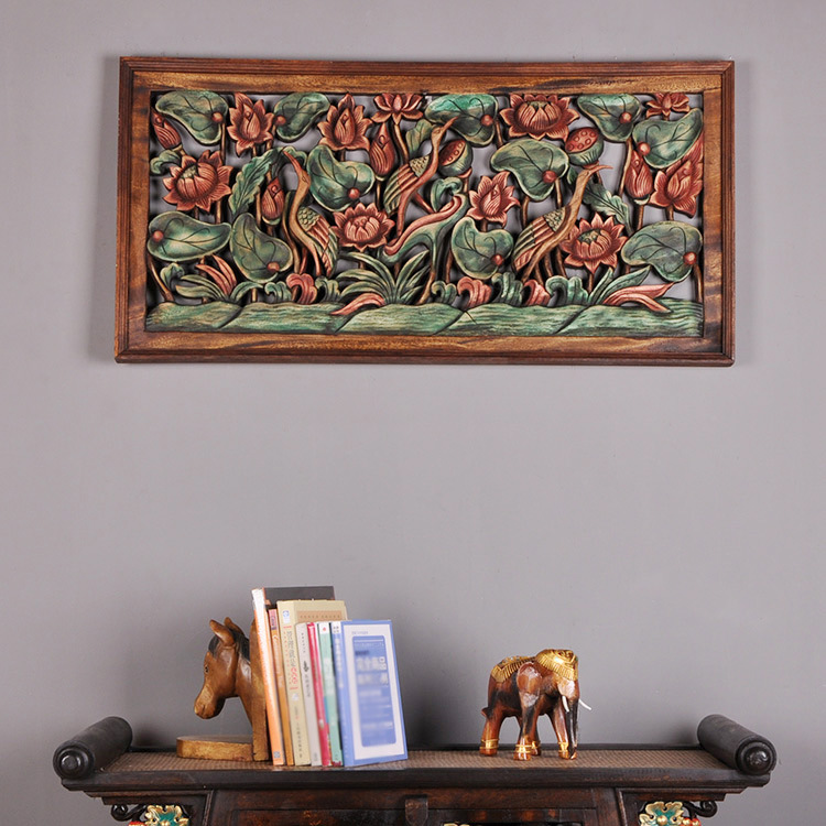 Thai Carved Flower Board Wood Sculpture Flower Lattice Retro Home Decoration Pendant Solid Wood Lotus Screen Flower Partition Hanging Screen