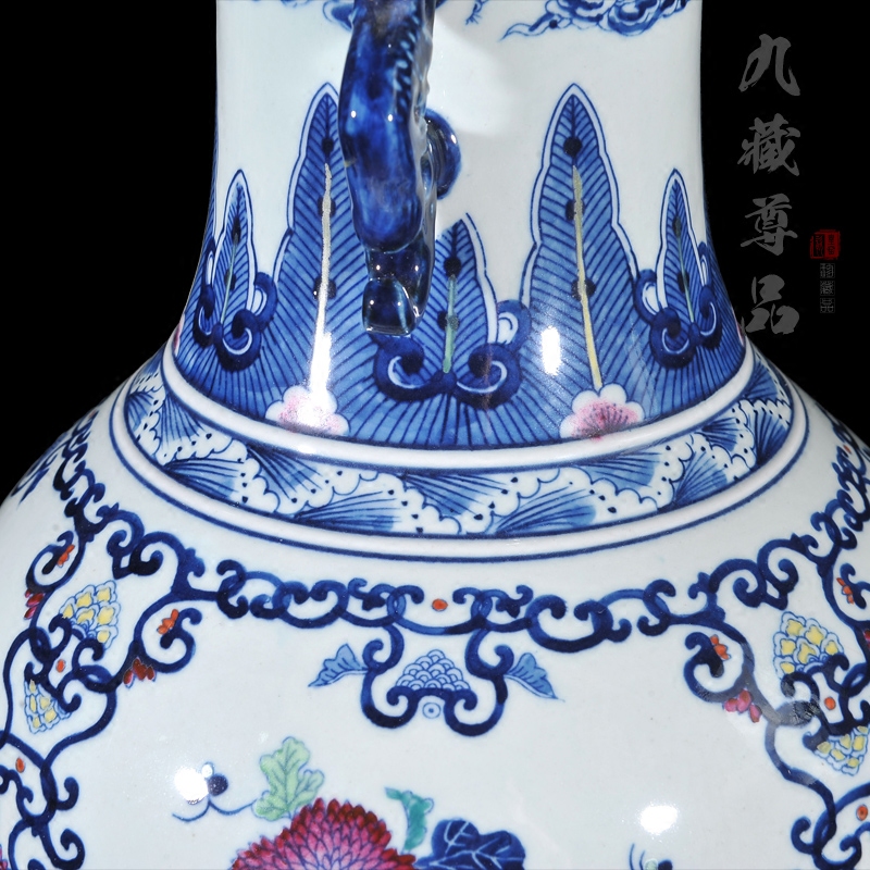 About Nine sect Buddha tasted jingdezhen blue and white color bucket ears panlong hand - made ceramics vase handicraft furnishing articles in the living room