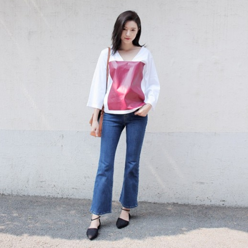韩国stylenanda官方正品 个性款大方形拼接T恤-酒红色