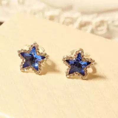 Korean cute blue purple crystal star ear needle rhinestone five-pointed star ear clip without ear hole female ear ornaments