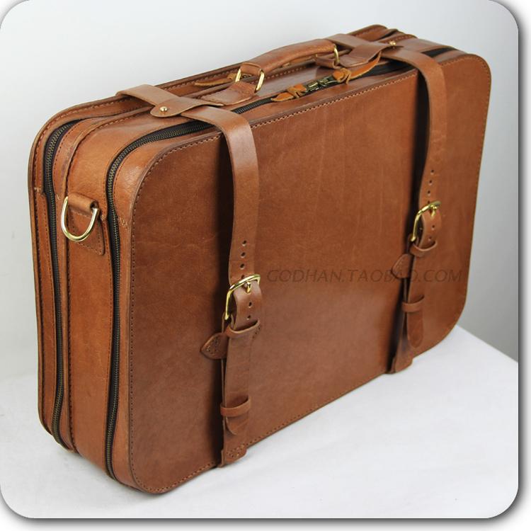 New First-Layer Hard Cowhide Leather Suitcase, Hand-Sewn, Vintage and Fashionable, Single-Shoulder, Cross-Body, and Hand-Held