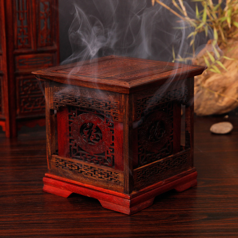 Fufeng Laos red acid branch ring incense burner incense burner incense burner red wood incense burner four corners incense burner square carved flowers