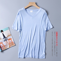 Summer new true silk V collar short sleeve sweatshirt slim fit sauna silk bifacial knit culture shirt comfortable and breathable male T-shirt