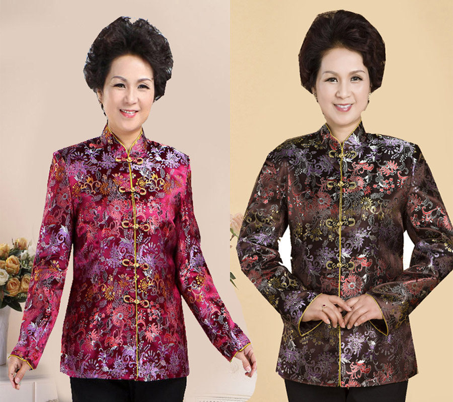 New mid-age women's clothing Spring and autumn clothing for the elderly Tang installed female moms National Wind Spring Dress Thin Coat Grandma Blouse