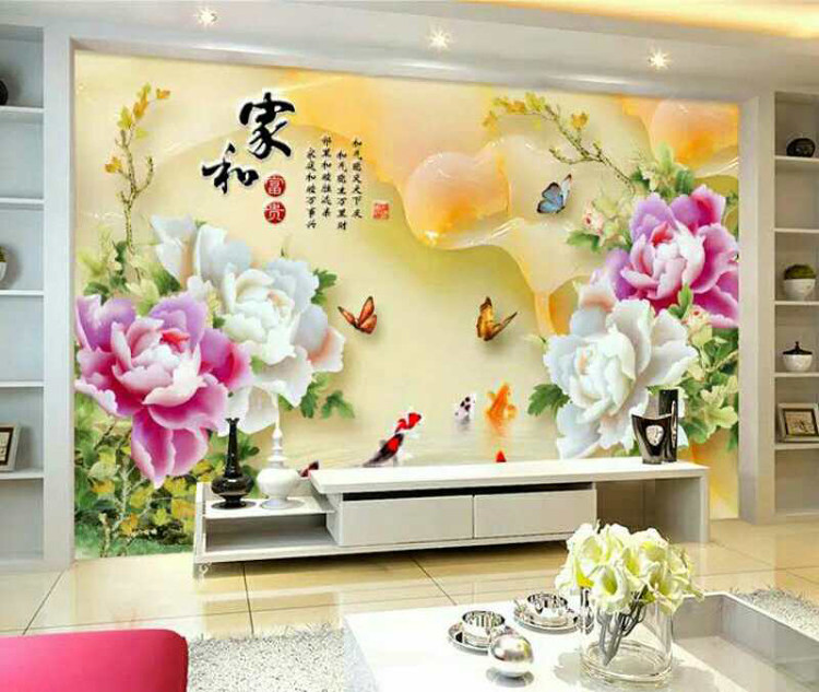 Tile Background Wall Genway Living Room TV Sofa Background Color Sculptures Crystal Glazed and Peony Jade Sculptures 