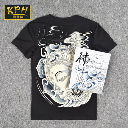 2018新款纹身T恤男短袖 潮牌男士佛图案中国