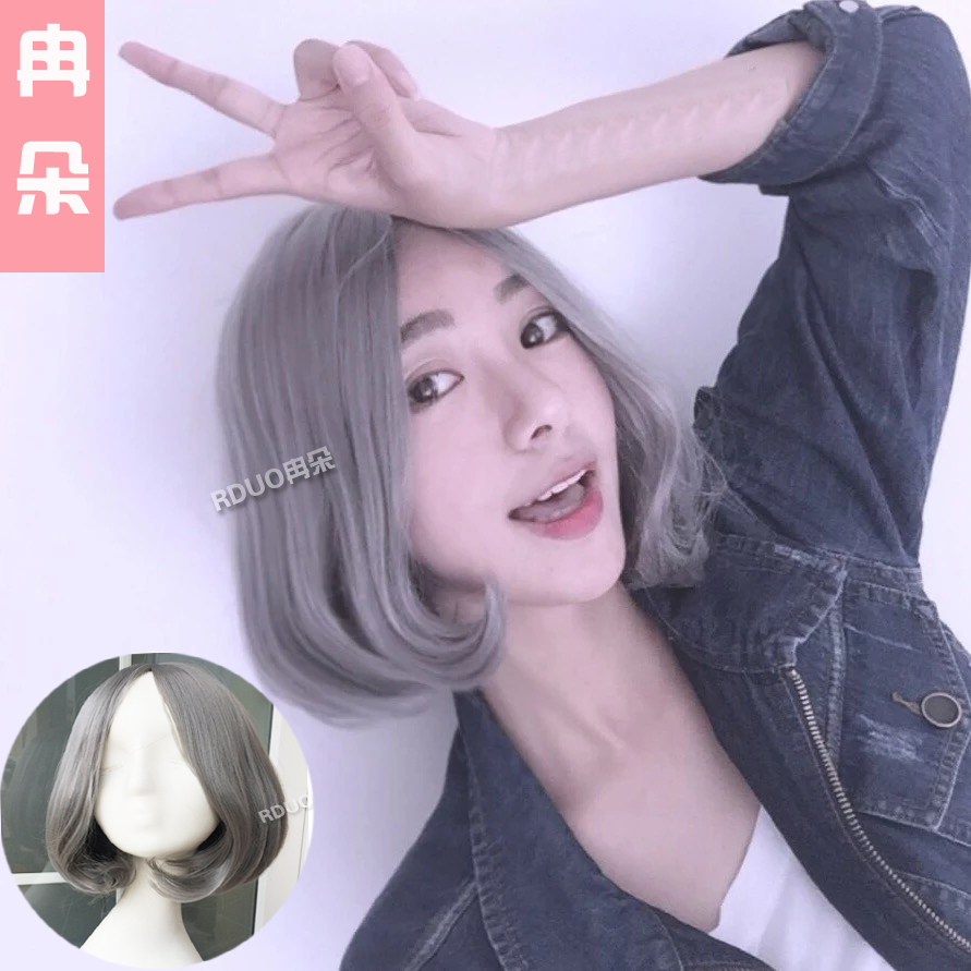 奶奶烟灰色短发中分短卷发银灰色中分COS Lolita假发哑光高温丝