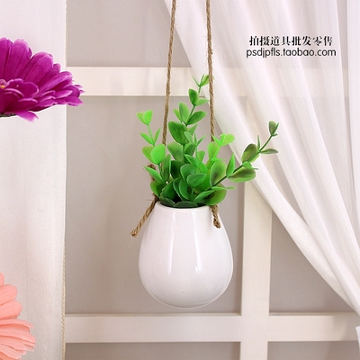 taobao agent Shooting props decorated with white ceramic eggs hanging bottle hemp rope small hanging bottle mini hydroponic flower pot polym flesh flower