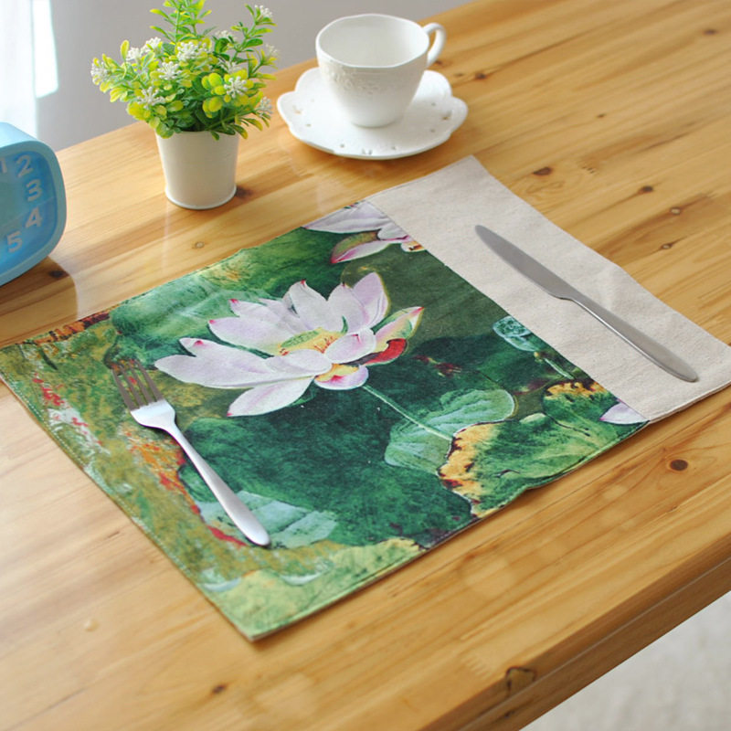 High-grade placemats cotton and linen tea mats table cloth lotus modern Chinese hotel club napkins can be customized