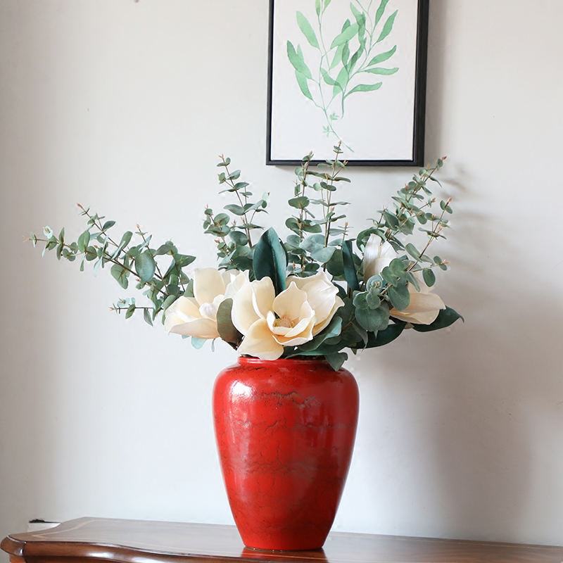 Ins wind vase Nordic red ceramic vase simulation flower suit sitting room flower arranging European - style place small and pure and fresh